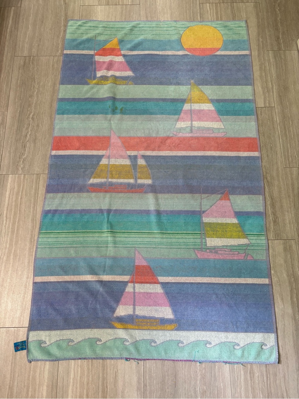 Vtg TerriSol Sailboat Beach Towel Nautical Coastal Sunset 100% Cotton Brazil
